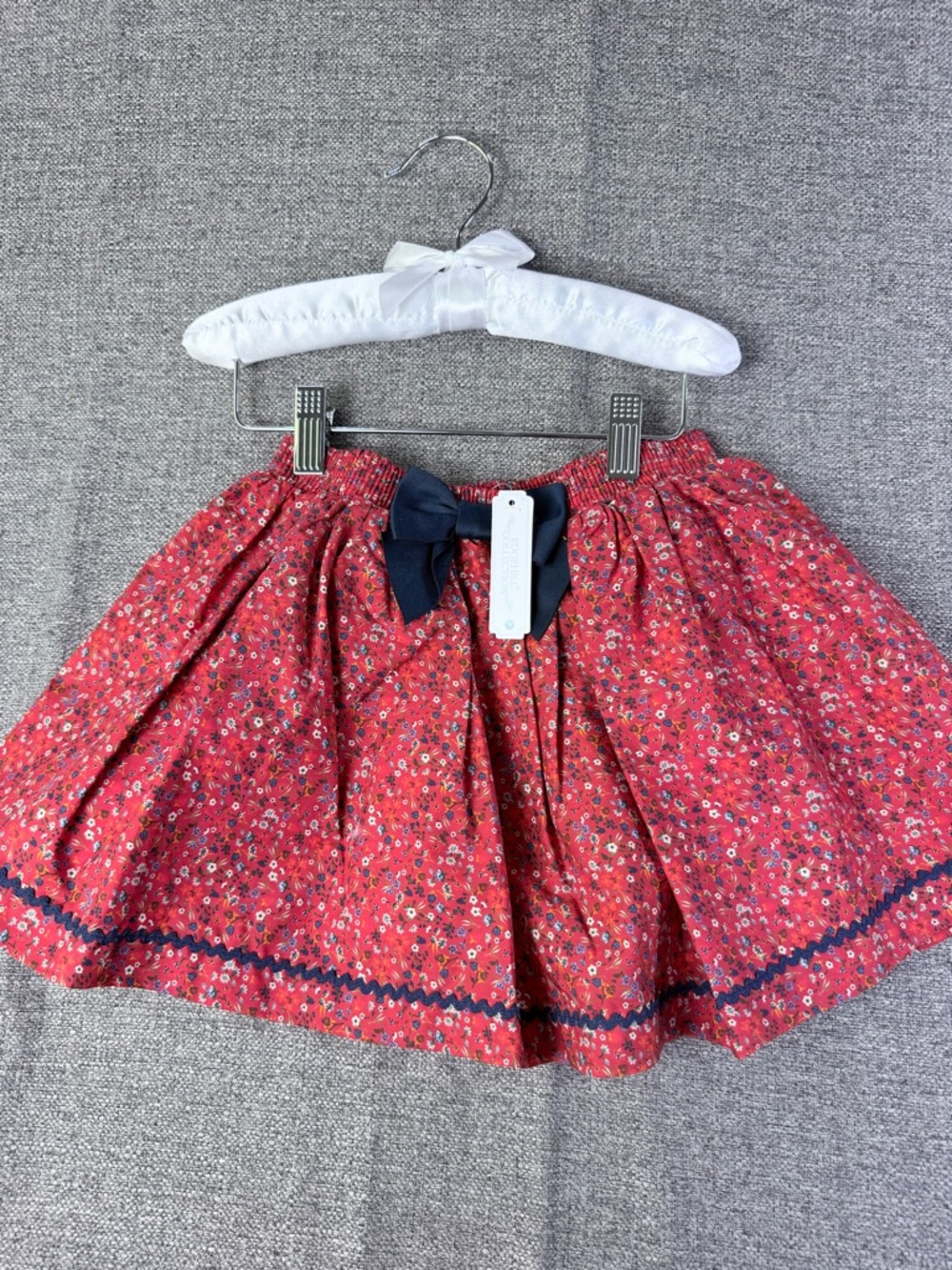 Edgehill Collection Red Floral A-Line Skirt with Navy Bow